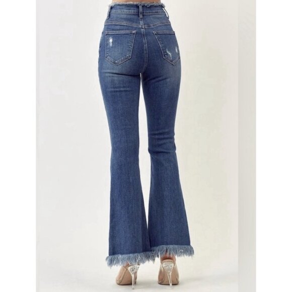 Risen Women Jeans RAW EDGE WAIST W FRAYED HEM FLARE Blue Distressed 32/15 NWT - Picture 2 of 16